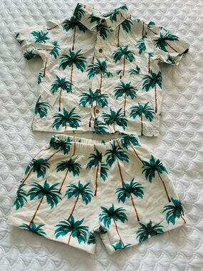 Cream Palm Tree Print Kids Pajama Set